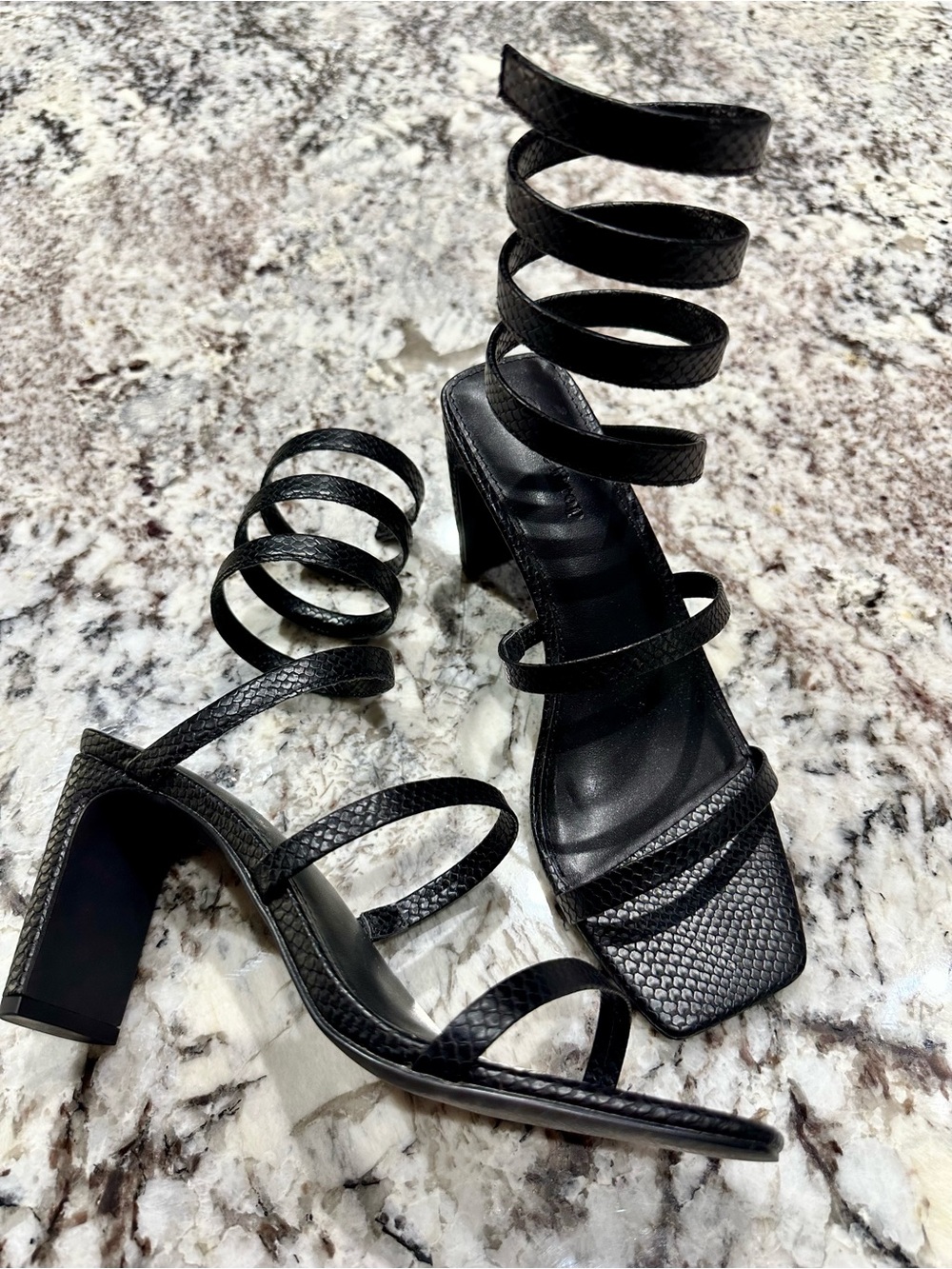 Black Snake-Texture Strappy Wrap Heeled Sandals